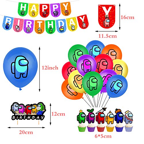 smileh Cumpleaños Decoracion de Among Us Globos Pancarta de Feliz Cumpleaños Adornos para Pastel de Juegos para niños adultos Decoraciones de Fiesta