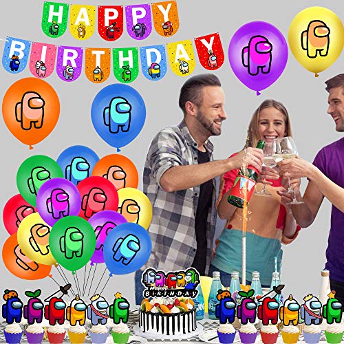 smileh Cumpleaños Decoracion de Among Us Globos Pancarta de Feliz Cumpleaños Adornos para Pastel de Juegos para niños adultos Decoraciones de Fiesta