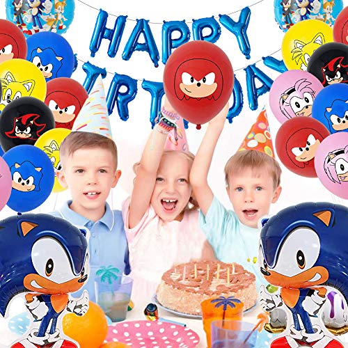 Sonic The Hedgehog Party Supplies, Sonic Foil Globos Juego de Decoración Sonic Erizo Frustrar Globo Bandera Set para Fiestas de Cumpleaños para Niños Fiesta Decoraciones de cumpleaños