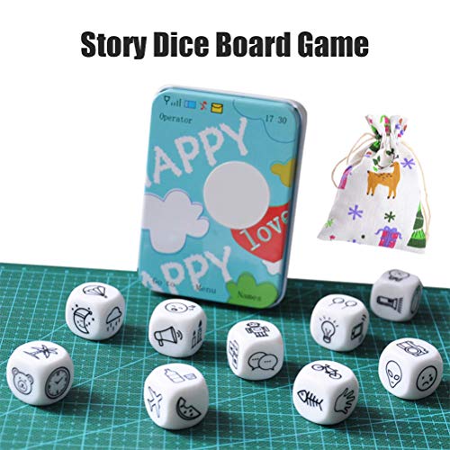 Story Dice 9 Cubos Toys, New Telling Story Dice Game Story Metal Box/Bag Instrucciones en inglés Family Twisty Puzzle Brain Teaser Story Cubes Toys Multicolor Cartoon Edition