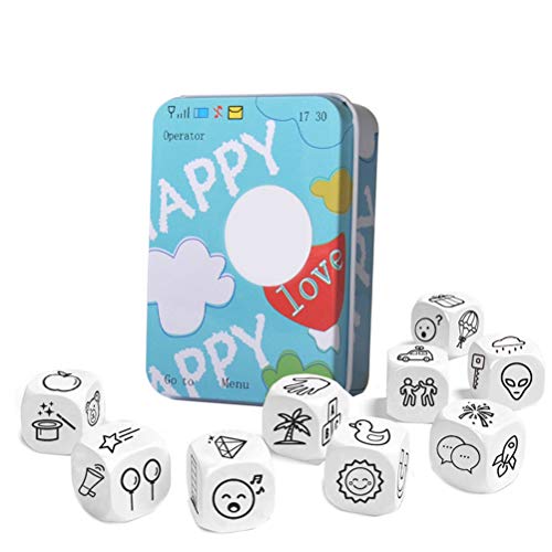 Story Dice 9 Cubos Toys, New Telling Story Dice Game Story Metal Box/Bag Instrucciones en inglés Family Twisty Puzzle Brain Teaser Story Cubes Toys Multicolor Cartoon Edition