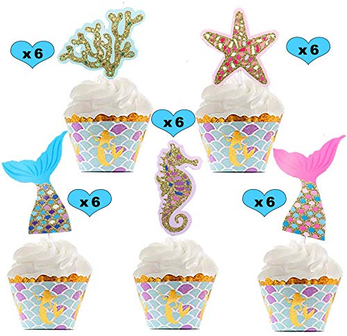 Sunshine smile Cake Topper de Sirena,Cupcake Topper Set,de Sirena Cupcakes decoración,Cupcake Toppers Picks,Torta de Fiesta de cumpleaños(Sirena 36 Piezas)