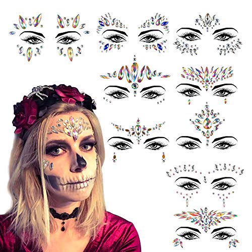Tatuaje Cristal Temporal Carnaval KATOOM 9pcs Joyas Pegatinas Faciales Gemas,Cara Diamantes de Imitación,Hada de las flores para Fiestas, Maquillaje Cosplay Juego de Roles Disney Mujeres
