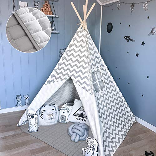 Teepee Tent para niños con colchoneta Acolchada - Tienda de campaña para niños y niñas de Interior y Exterior, Gris Chevron Heavy Cotton Canvas Teepee
