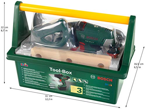 Theo Klein 8520 Caja de herramientas Bosch, Con martillo, sierra, llave inglesa y mucho más, Incluye destornillador eléctrico a pilas con luz y sonido, Medidas: 31 cm x 16,5 cm x 12,5 cm,