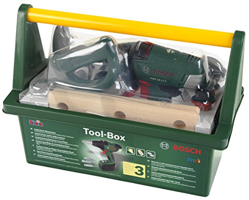 Theo Klein 8520 Caja de herramientas Bosch, Con martillo, sierra, llave inglesa y mucho más, Incluye destornillador eléctrico a pilas con luz y sonido, Medidas: 31 cm x 16,5 cm x 12,5 cm,