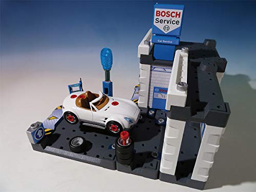 Theo Klein 8647 Estación de servicio Bosch Car Service, Con tren de lavado y plataforma elevadora regulable, Incluye coche desmontable, Medidas: 41 cm x 39 cm x 29 cm,