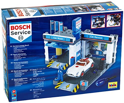 Theo Klein 8647 Estación de servicio Bosch Car Service, Con tren de lavado y plataforma elevadora regulable, Incluye coche desmontable, Medidas: 41 cm x 39 cm x 29 cm,