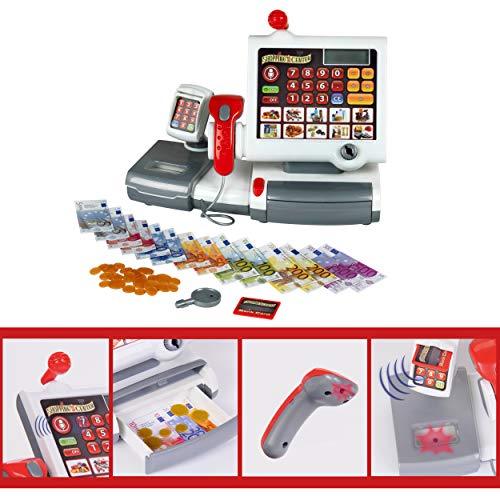 Theo Klein 9356 Caja registradora de juguete, Con teclado de lámina, función calculadora, terminal de pago con escáner y báscula con función de luz y sonido, Medidas: 31 cm x 15,5 cm x 23 cm,