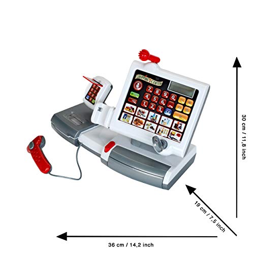 Theo Klein 9356 Caja registradora de juguete, Con teclado de lámina, función calculadora, terminal de pago con escáner y báscula con función de luz y sonido, Medidas: 31 cm x 15,5 cm x 23 cm,