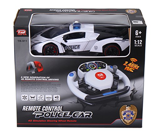 Top Race Control remoto RC Police Car TR-911, 4D Motion Gravity y control del volante, escala 1: 12, 2.4GHz, con luces, sirenas, puertas eléctricas, juguetes, coches de juguete