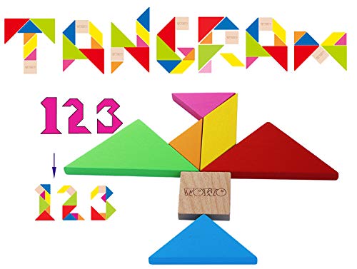Toys of Wood Oxford TOWO Rompecabezas Tangram de Madera - Forma a los Bloques de patrón con 7 Grandes Formas geométricas de Colores - Juego de Habilidad Madera de Rompecabezas para niños y Adultos