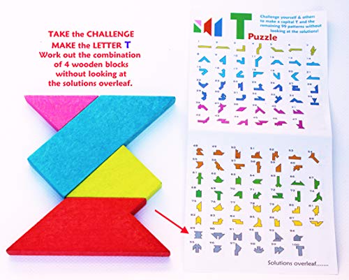 Toys of Wood Oxford TOWO Tangram T Puzzle de Madera - Juego de Habilidad Mental de Formas de Madera y Formas geométricas de Colores para Rompecabezas - Rompecabezas Tangram Madera para niños