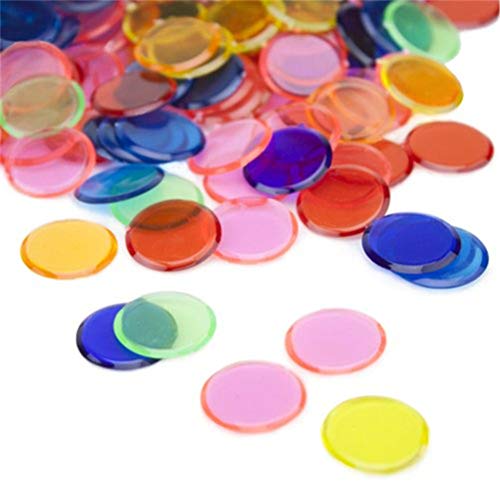 Toyvian 120pcs Pieces Bingo Chips Contadores de color transparente contando marcadores de plástico con bolsa de almacenamiento 19 mm (azul + rojo + amarillo + verde + púrpura + naranja cada 20 piezas)