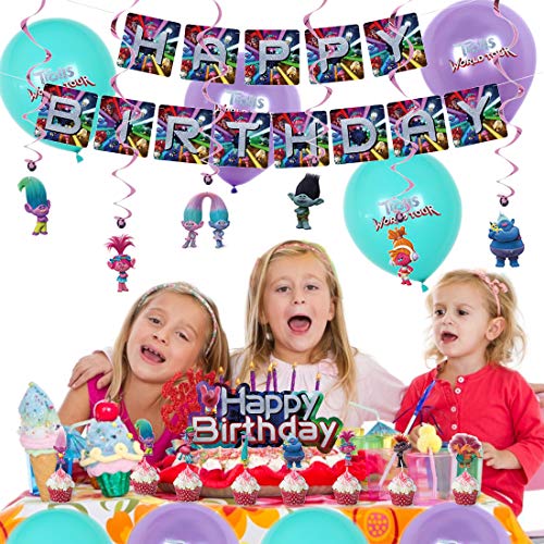 Troll Decoración de cumpleaños para niña, Feliz cumpleaños Conjunto de pancartas Troll Papel de Aluminio Globo Látex Confeti Fiesta en Globo Decoración Chica Novia