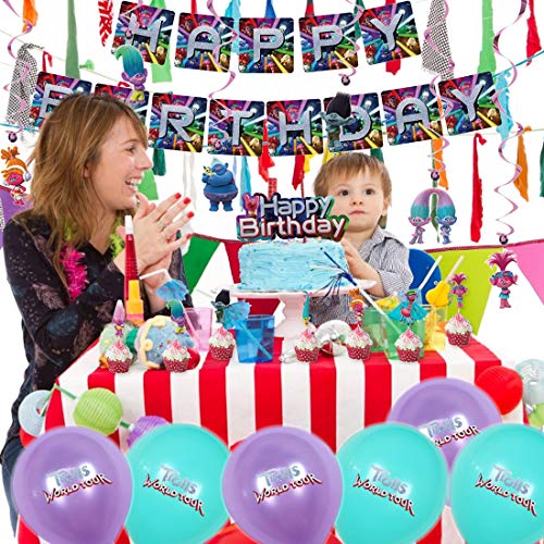 Troll Decoración de cumpleaños para niña, Feliz cumpleaños Conjunto de pancartas Troll Papel de Aluminio Globo Látex Confeti Fiesta en Globo Decoración Chica Novia