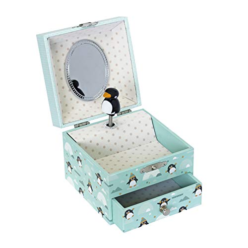 TrouSSELIER – Pingüino – Caja para tesoros y joyas musicales – Ideal regalo infantil – fosforescente – Brillante en la noche – Música pequeña de noche de Mozart – Color verde