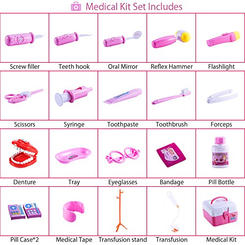 Twister.CK Children Pretend Doctor Kit Set, 20 Piezas Medical Case Kit Doctor Nurser Dress Up Juegos de rol Juguetes para niñas, Rosa