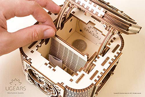 UGEARS Cofre del Tesoro con Llave - Caja Joyero kit modelo mecánico Puzzle de Madera 3D Rompecabezas