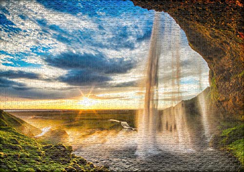 Ulmer Puzzleschmiede - Puzzle Cascada - Puzzle de 1000 Piezas - La Espectacular Cascada de Islandia Antes de la Puesta del Sol