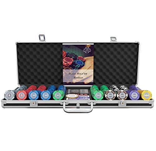 Un gran estuche de póquer Tony Deluxe con 500 fichas de póquer de arcilla, instrucciones de póquer, botón del crupier y balas de plástico para las cartas de póquer