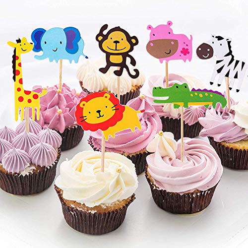 Unique Store 40 Piezas Cupcake Toppers Lindo Selva Temática Animales En Forma de Pastel Toppers para Niños Ducha de Bebé Fiesta de Cumpleaños DIY Decoración Suministros