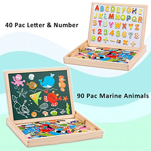 Uping Puzzle de Madera Magnético | Puzzle de 90 Piezas + Número de 40 Piezas y Alfabeto | Tablero de Dibujo de Doble Cara Magnético, Juguete Educativo | para niños de 3 años+