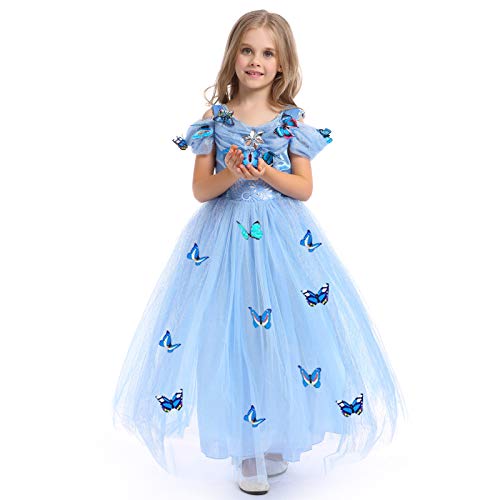 URAQT Vestido de Cenicienta, Disfraz de Princesa Cenicienta con Mariposa, Vestido de Princesa para Nñas, Elegante Vestido de Tul para Boda, Fiesta, para 3-8 años