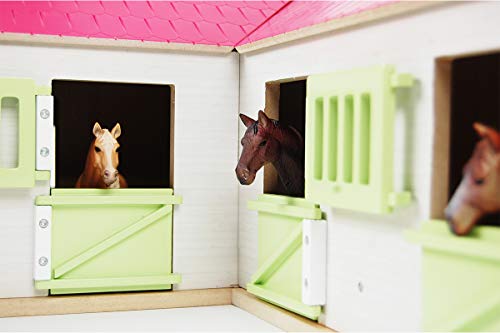 Van Manen Kids Globe Horses 610210 - Establo de Caballos de Madera (Escala 1:24, con Puertas, Ventanas y Techo móviles), Color Rosa