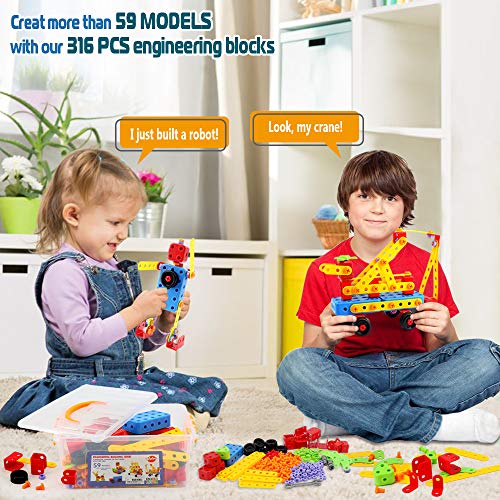 VATOS Bloques de Construcción Stem Toy 316 Pcs Juguete de Construcción Creativa Juguete de Aprendizaje Bloques de Ingeniería Educativa para Niños de 3 a 10 Años y Niñas Mejor Regalo para Niños