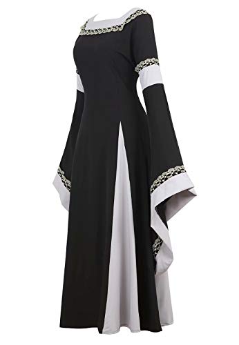 Vestido Medieval Renacimiento Mujer Vintage Victoriano gotico con Manga Larga de Llamarada Disfraz Princesa Negro XS