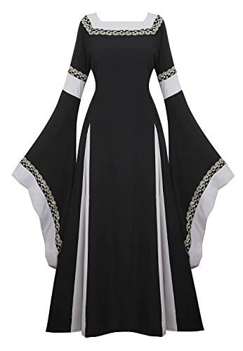 Vestido Medieval Renacimiento Mujer Vintage Victoriano gotico con Manga Larga de Llamarada Disfraz Princesa Negro XS