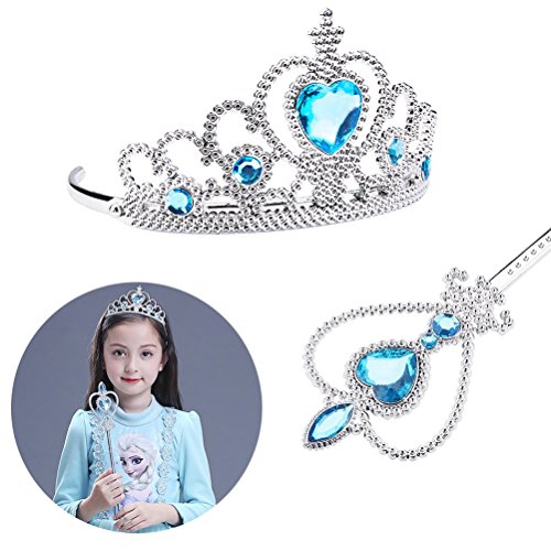 Vicloon 5pcs Conjunto con Accesorios de Princesa del Hielo Elsa con Trenza/Corona/Sceptre/Anillo/Pendientes/Guantespara niña, 2-9 años（Azul)