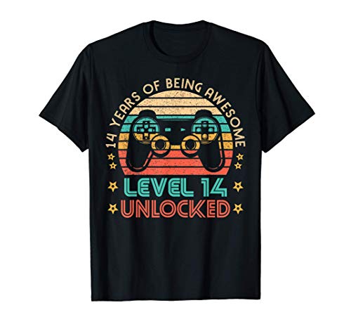 Vintage 14th Birthday Level 14 Unlocked Funny Gamer Gift Camiseta