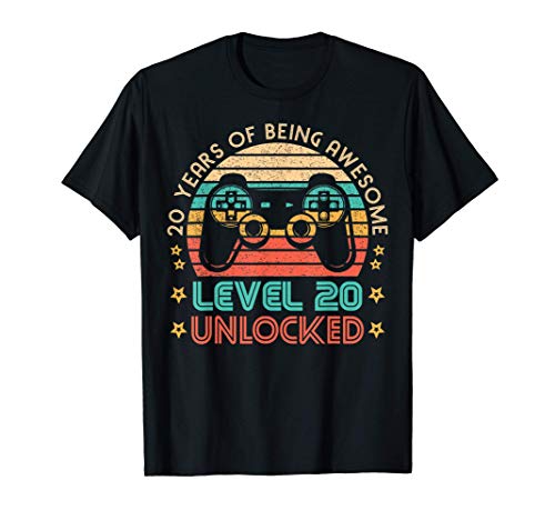 Vintage 20th Birthday Level 20 Unlocked Funny Gamer Gift Camiseta