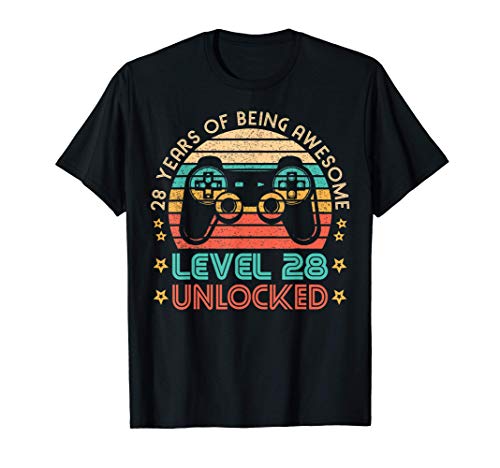 Vintage 28th Birthday Level 28 Unlocked Funny Gamer Gift Camiseta