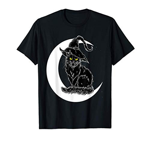 Vintage Halloween Miedo Gato Negro Bruja Sombrero Luna Camiseta