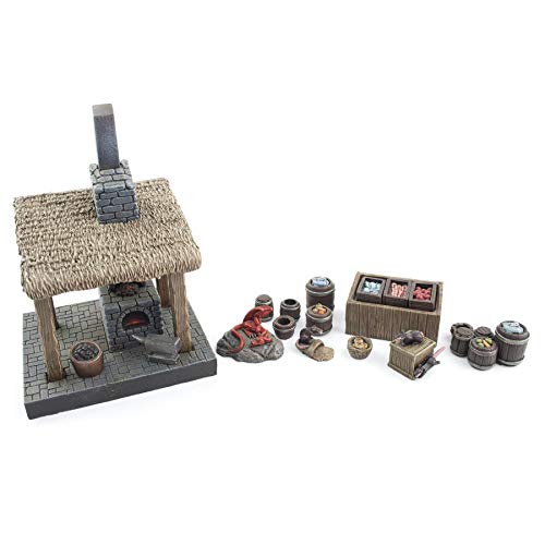 War World Gaming Fantasy Village - Fragua de Herrero y Puesto de Mercado - 28mm Wargaming Medieval Miniaturas Maquetas Dioramas Edificios Wargames Guerra Aldea Edad Media