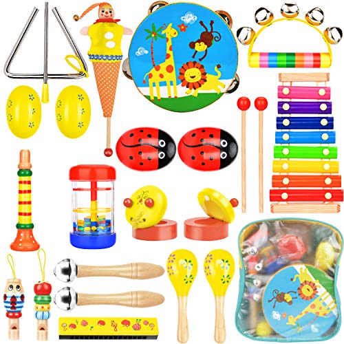 Wesimplelife Juguetes Musicales Instrumentos Musicales para Niños Música Juguete Instrumento Educativo Xilófono Madera Set con Una Bolsa de Transporte Bebés Regalos para los Niños