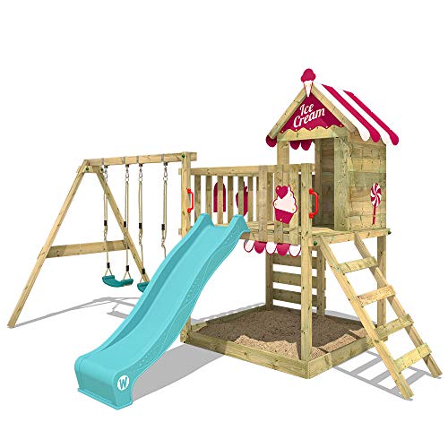WICKEY Parque infantil de madera Smart Candy con columpio y tobogán turquese, Casa de juegos de jardín con arenero y escalera para niños