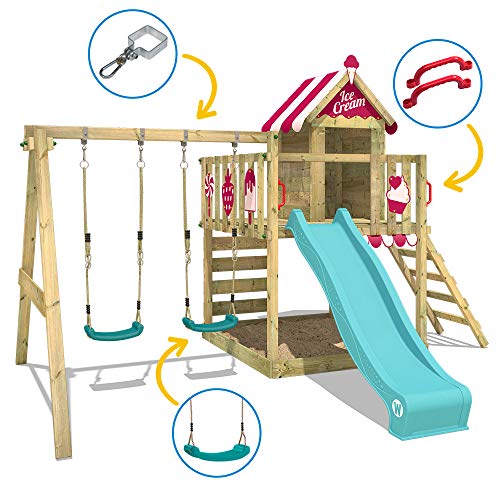 WICKEY Parque infantil de madera Smart Candy con columpio y tobogán turquese, Casa de juegos de jardín con arenero y escalera para niños