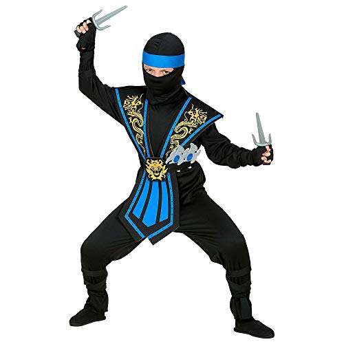 WIDMANN Disfraz infantil de ninja con armas, disfraz infantil 38655, color negro y azul, guerrero, Japón, fiesta temática, carnaval, unisex, 116 cm