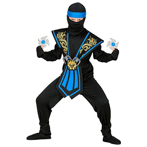 WIDMANN Disfraz infantil de ninja con armas, disfraz infantil 38655, color negro y azul, guerrero, Japón, fiesta temática, carnaval, unisex, 116 cm