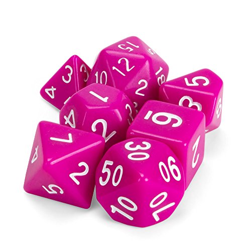 Wiz Dice Dragonberry - Juego de 7 dados poliedros, sólidos de neón magenta rosa para mesa con caja de exhibición transparente