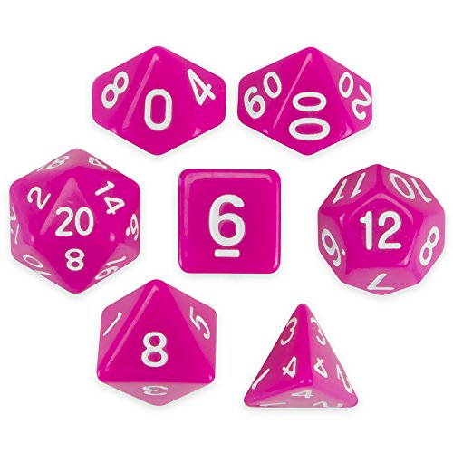 Wiz Dice Dragonberry - Juego de 7 dados poliedros, sólidos de neón magenta rosa para mesa con caja de exhibición transparente