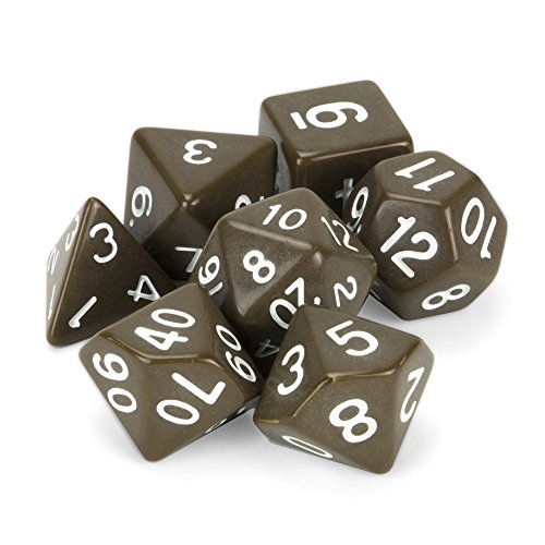 Wiz Dice Enchanted Clay - Juego de 7 dados poliedros, dados de RPG de color marrón militar con caja transparente