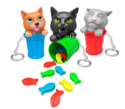 WOM Catz, Llaveros con Forma de Gato Subido a un Cubo de Basura que Contiene dentro Caramelos en Forma de Pez, Display con 12 Llaveros y 3 Modelos de Llavero Diferentes