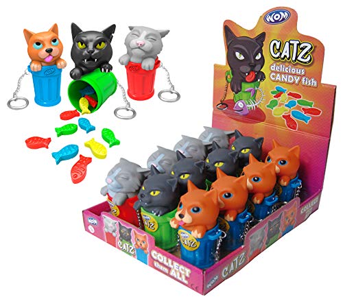 WOM Catz, Llaveros con Forma de Gato Subido a un Cubo de Basura que Contiene dentro Caramelos en Forma de Pez, Display con 12 Llaveros y 3 Modelos de Llavero Diferentes