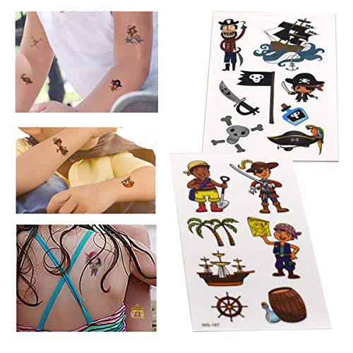 Xiuyer Tatuaje Temporal Caricatura para Niños, 23 Hojas Coloreado Tatuajes de Dinosaurio y Pirata Impermeable Tattoos para Chico Chica Fiesta de Cumpleaños Regalos Piñata Rellenos