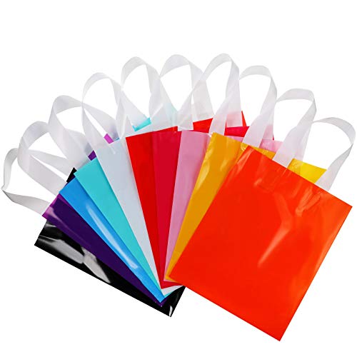100 Piezas Bolsas de Regalo de Fiesta Reutilizables, Bolsas de Plástico de Mercancías de 18 x 22 cm Bolsas con Fondo de Bloque con Mangos Bolsas de Golosinas Regalo Compras , 10 Colores